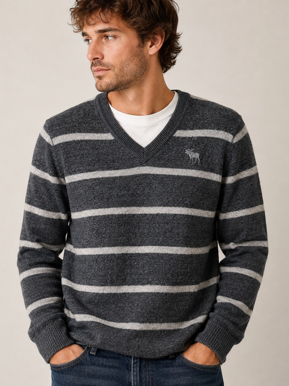 Abercrombie & Fitch Men’s Striped Cotton V-Neck Sweater